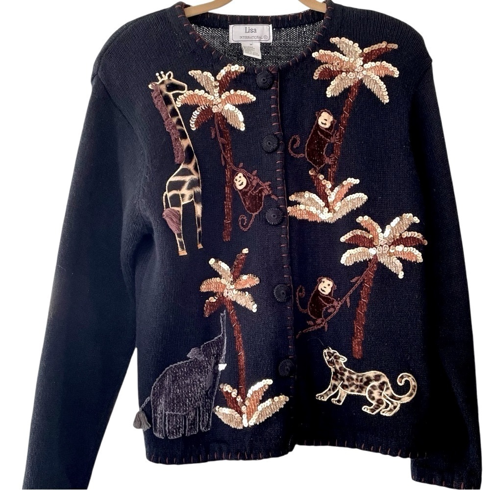 Lisa International jungle sweater, size M, sequins, beads, embroidery, adorable
